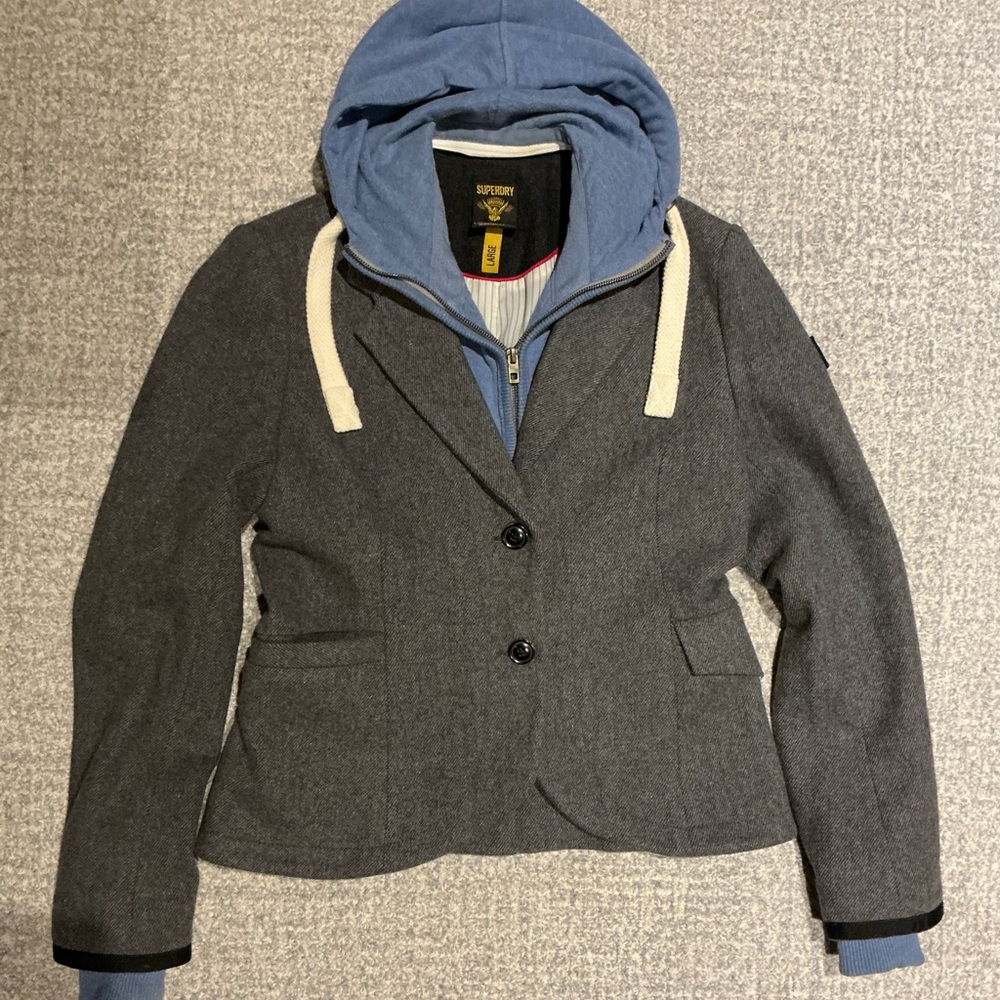 Superdry Women's Charcoal Blazer with Sky Blue Hoodie